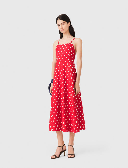 Backless linen-blend maxi dress Red Dots Print