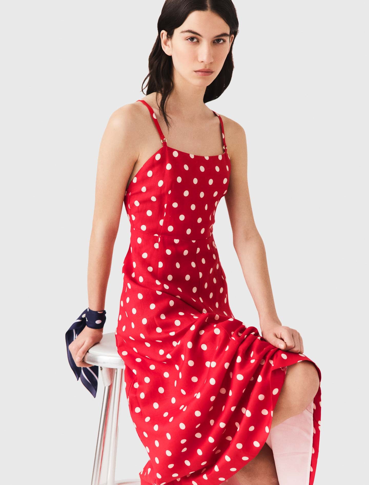 Backless linen-blend maxi dress Red Dots Print