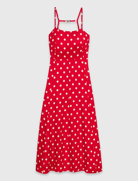 Backless linen-blend maxi dress Red Dots Print