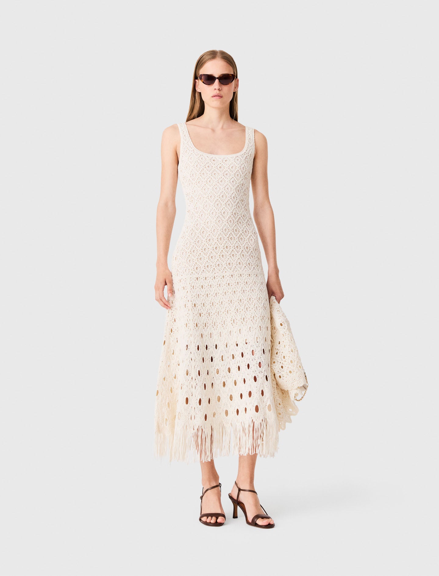 Fringed crochet maxi dress Ecru