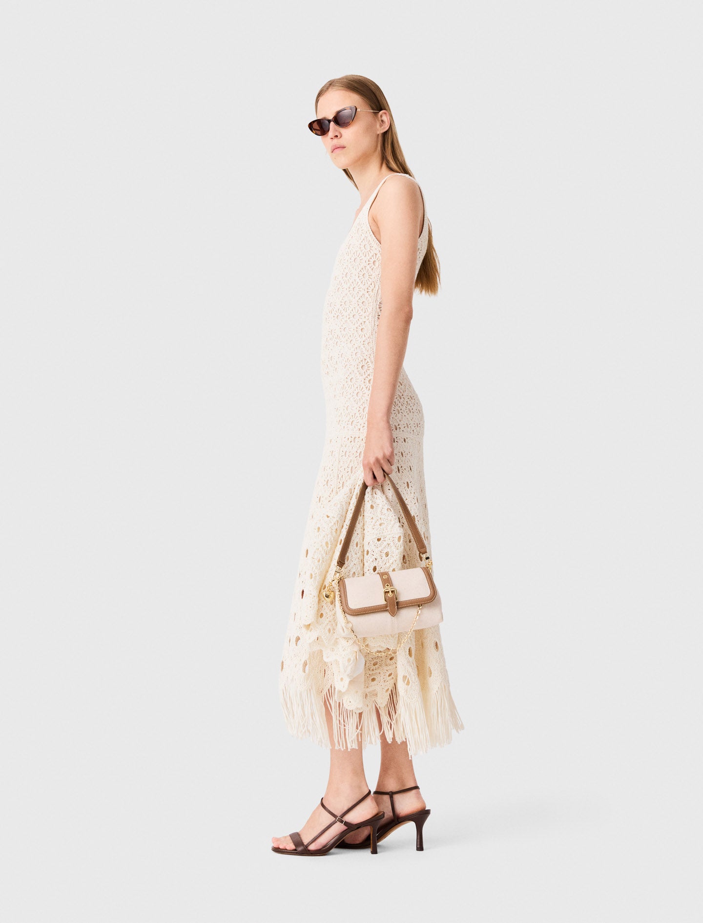 Fringed crochet maxi dress Ecru
