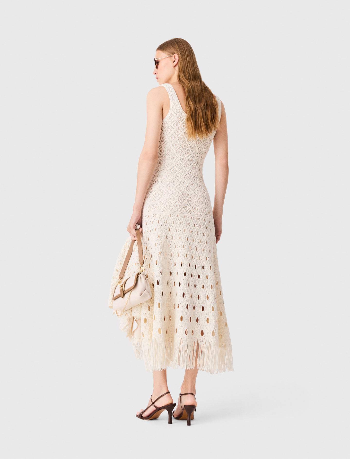 Fringed crochet maxi dress Ecru