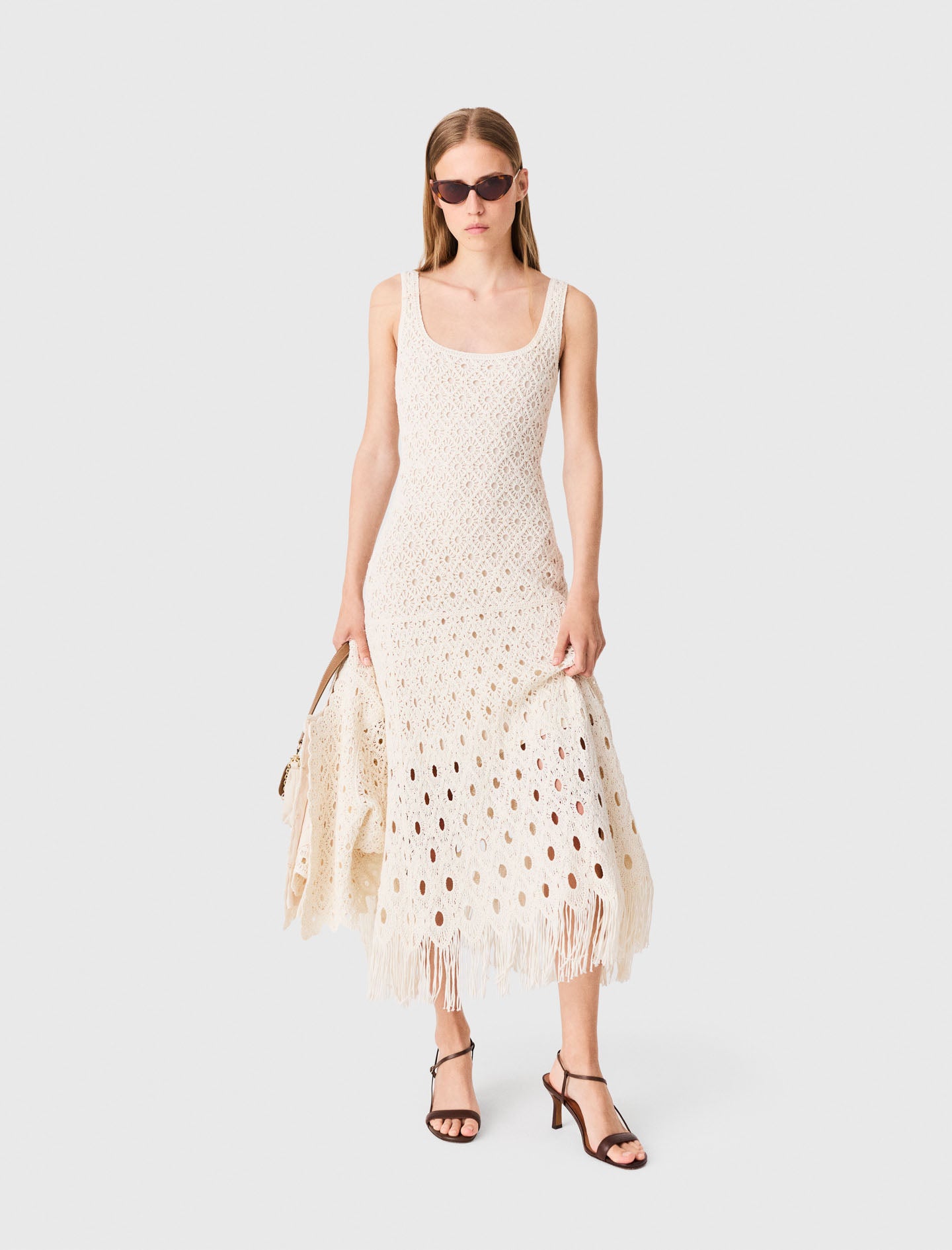 Fringed crochet maxi dress Ecru