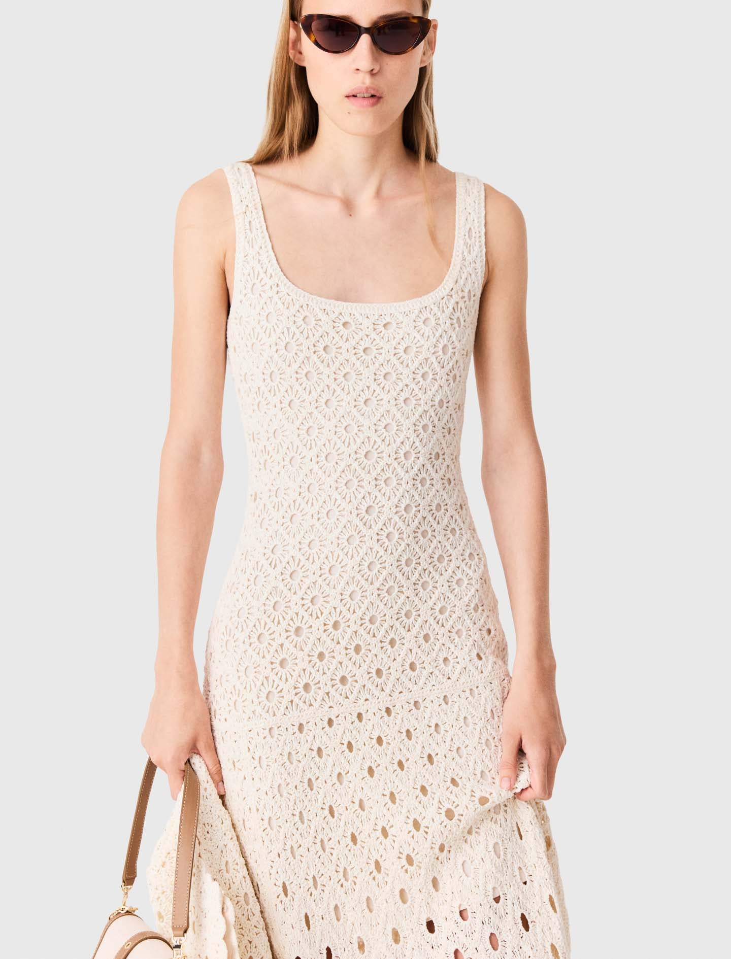 Fringed crochet maxi dress Ecru