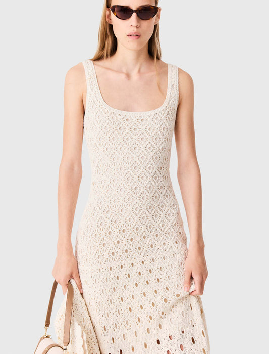 Fringed crochet maxi dress Ecru