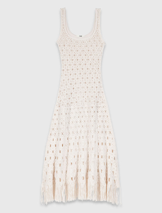 Fringed crochet maxi dress Ecru