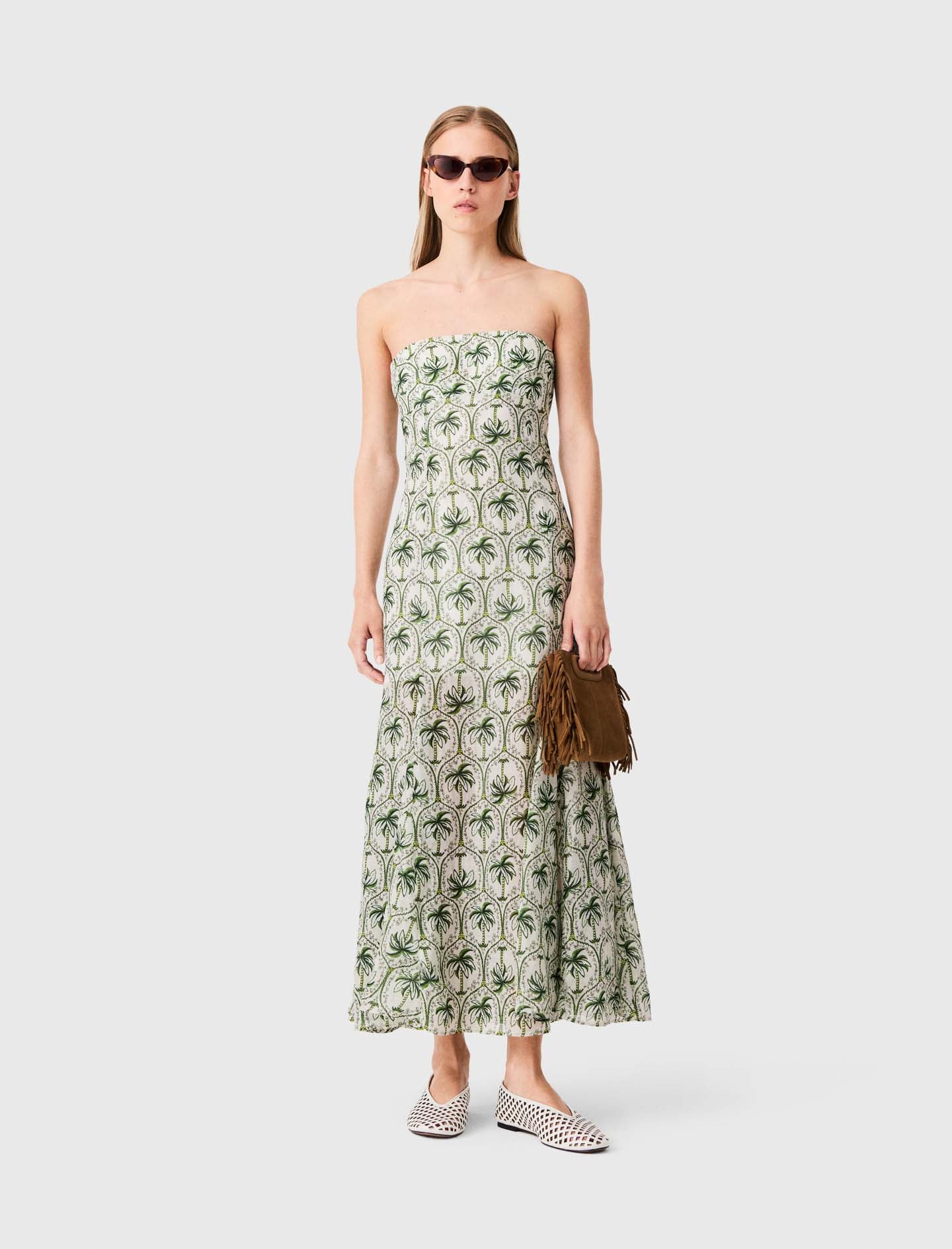 Patterned strapless maxi dress Green Palm Tree