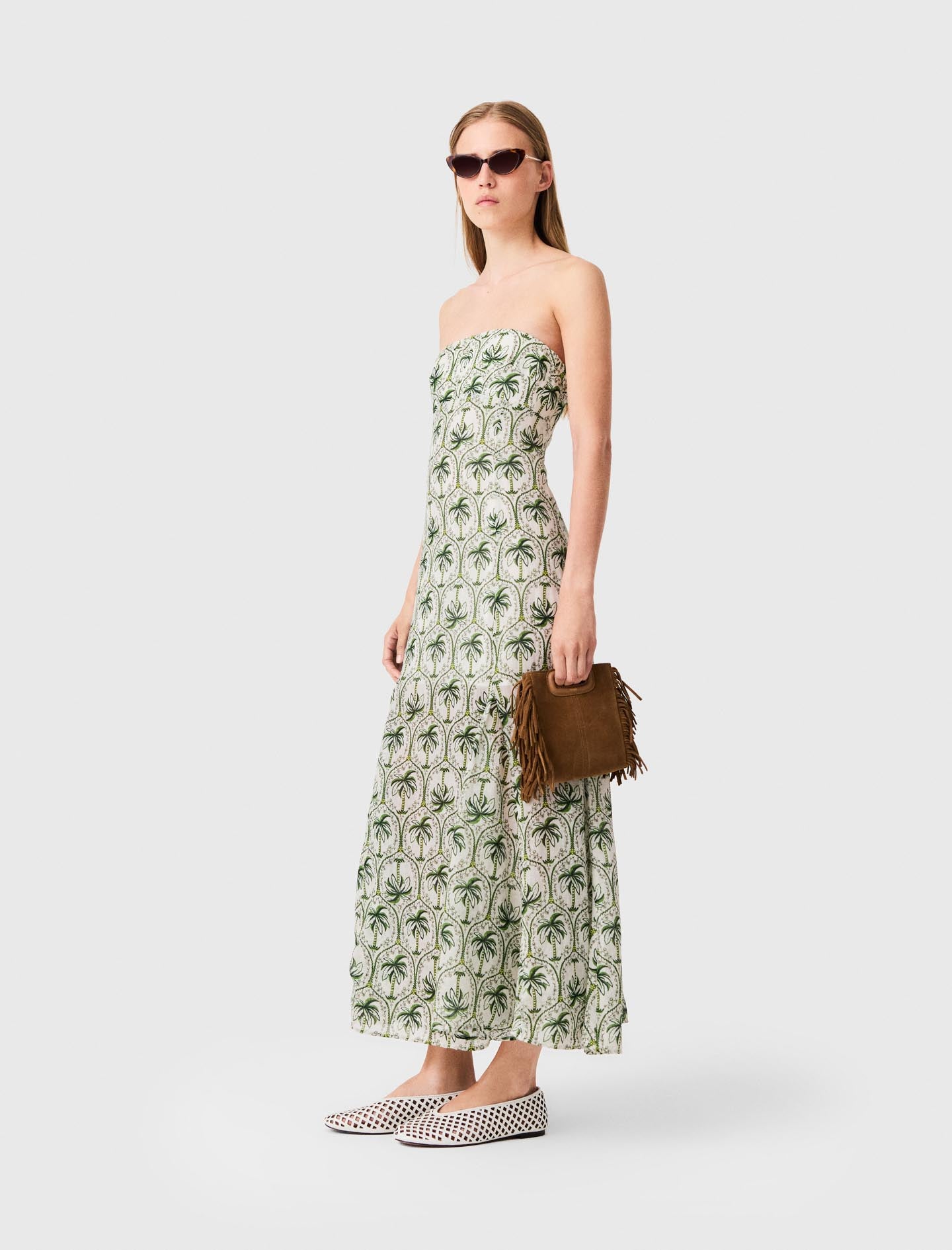Patterned strapless maxi dress Green Palm Tree