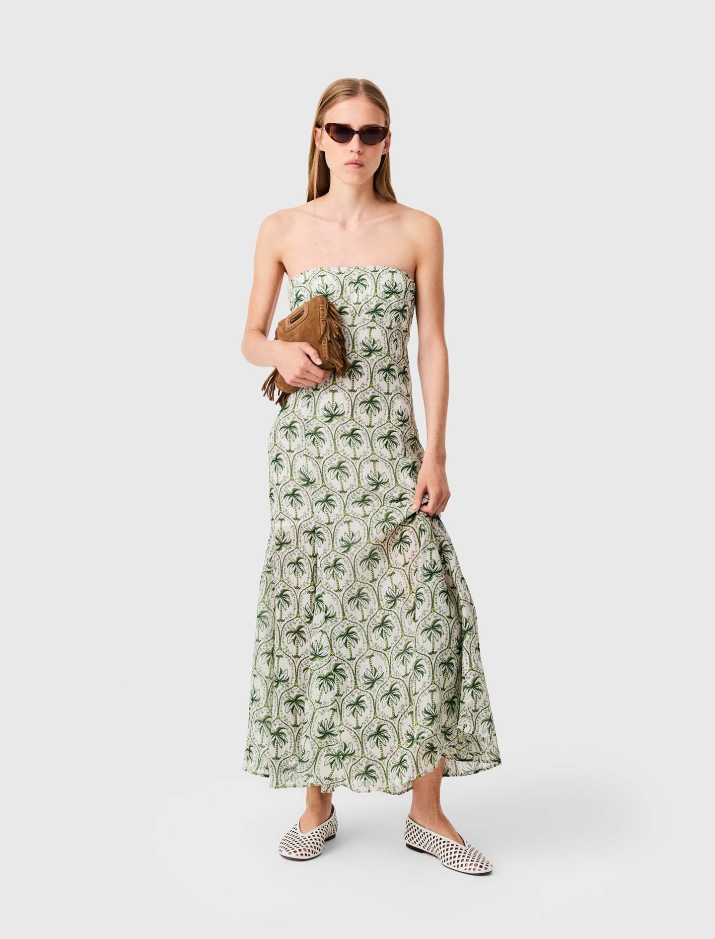 Patterned strapless maxi dress Green Palm Tree