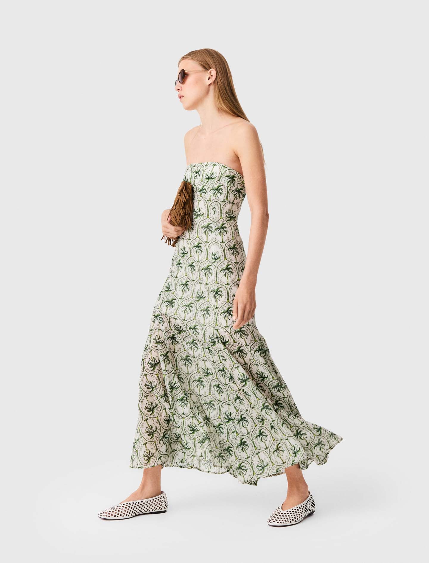 Patterned strapless maxi dress Green Palm Tree