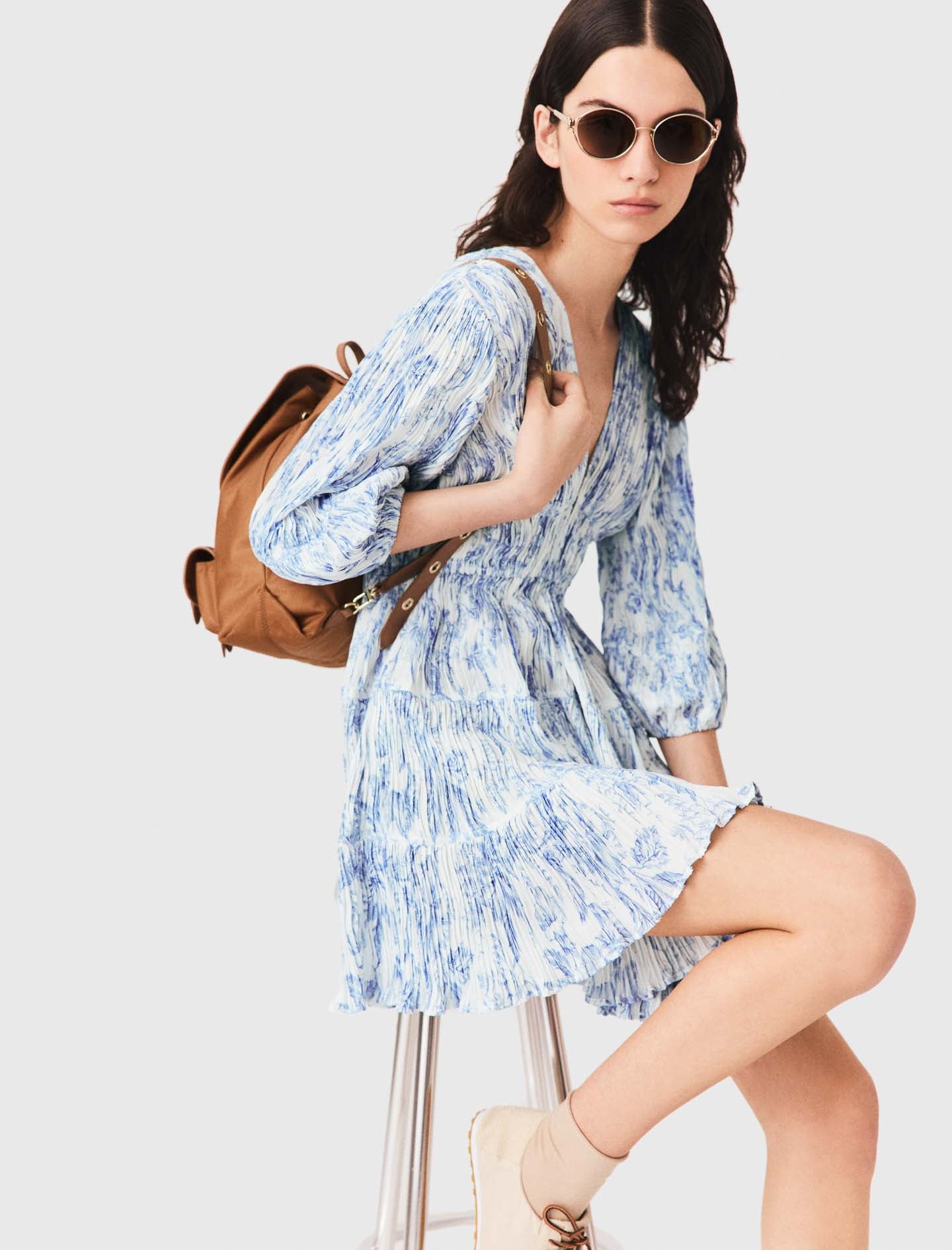 Patterned pleated dress Sky Blue Large Flowers Print