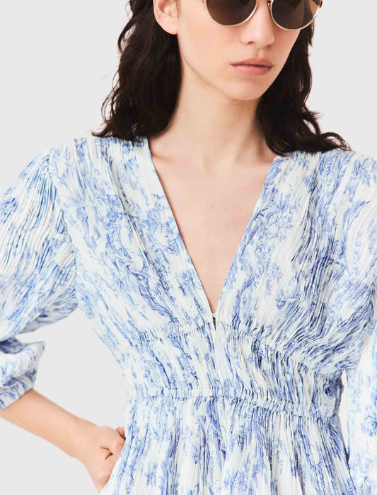 Patterned pleated dress Sky Blue Large Flowers Print