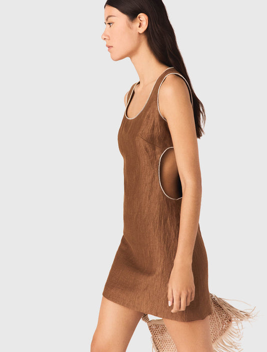 Short linen-blend dress Brown