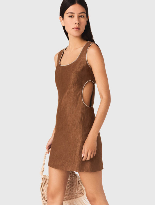 Short linen-blend dress Brown