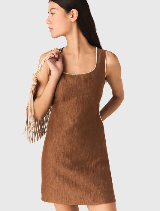 Short linen-blend dress Brown