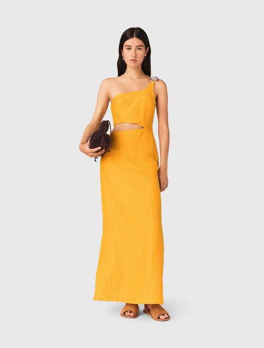 Asymmetrical Linen-Blend Dress Orange