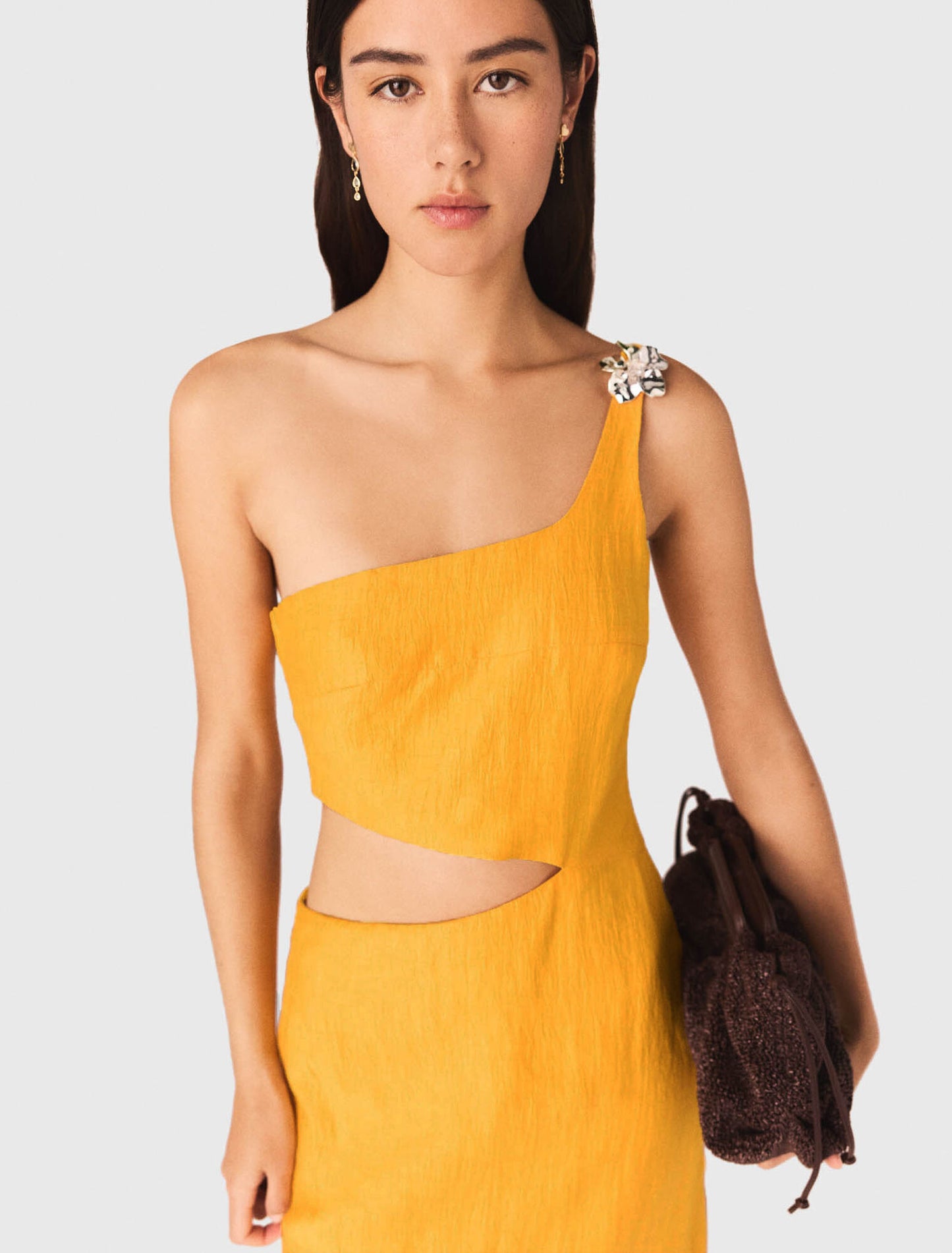 Asymmetrical Linen-Blend Dress Orange