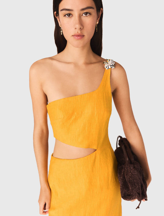 Asymmetrical Linen-Blend Dress Orange