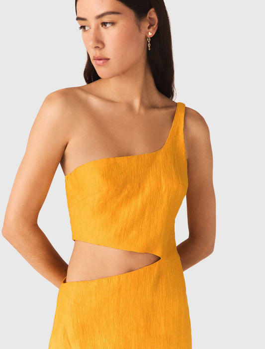Asymmetrical Linen-Blend Dress Orange