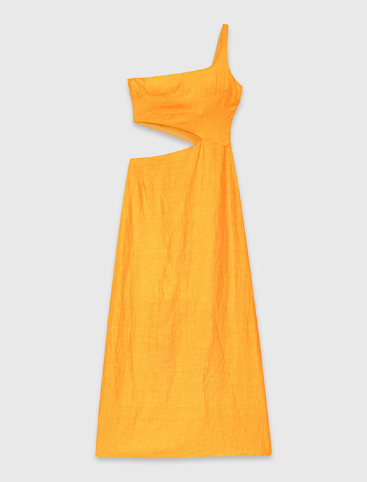 Asymmetrical Linen-Blend Dress Orange