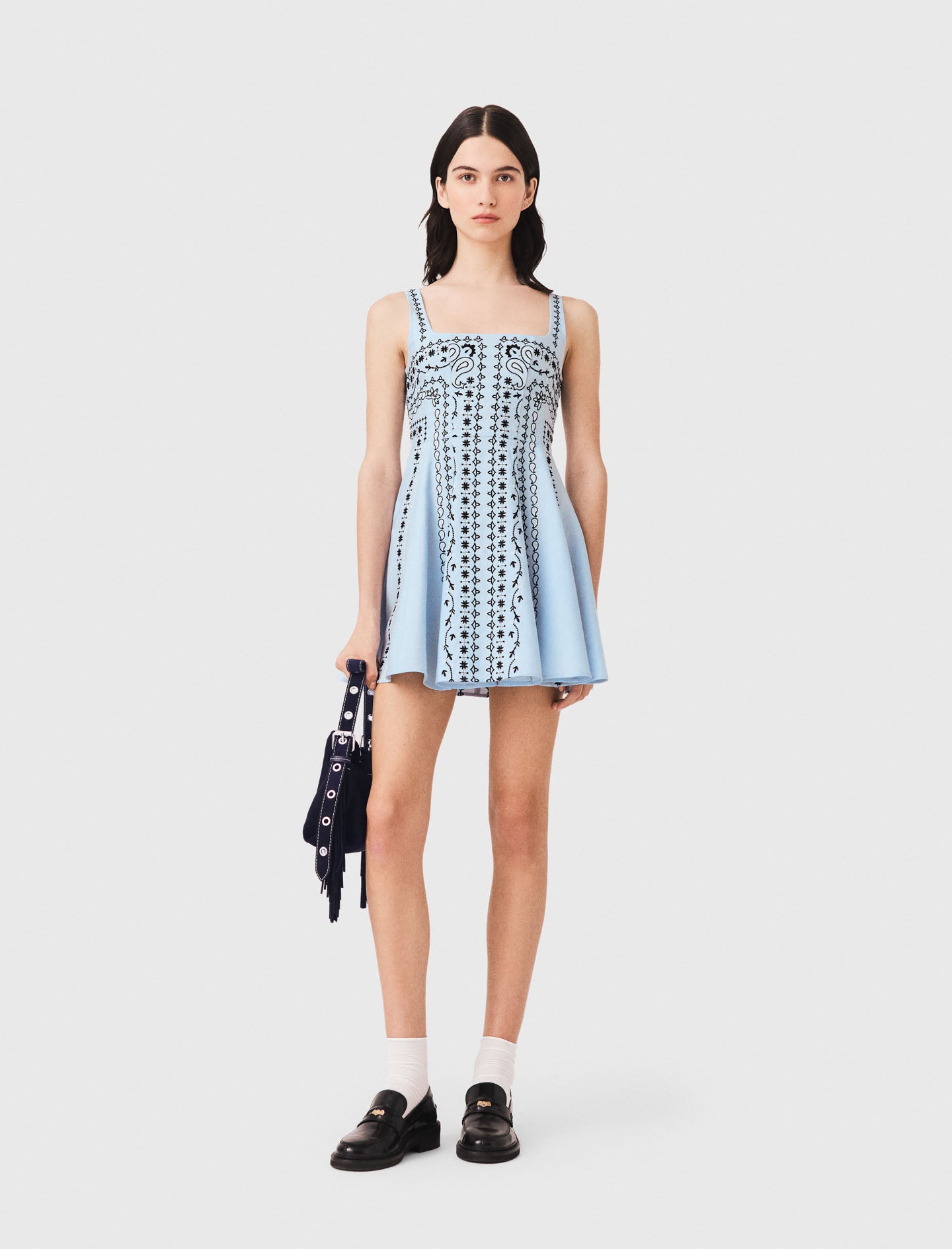 Short embroidered linen-blend dress Blue