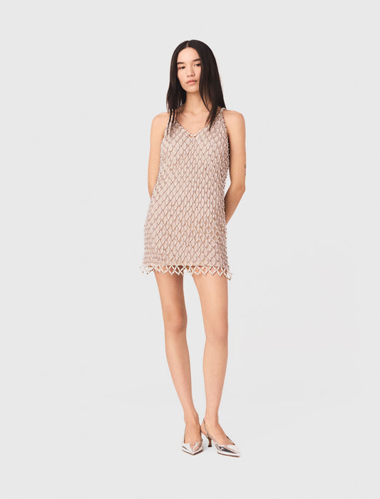 Short Beaded Dress With Lining Ecru