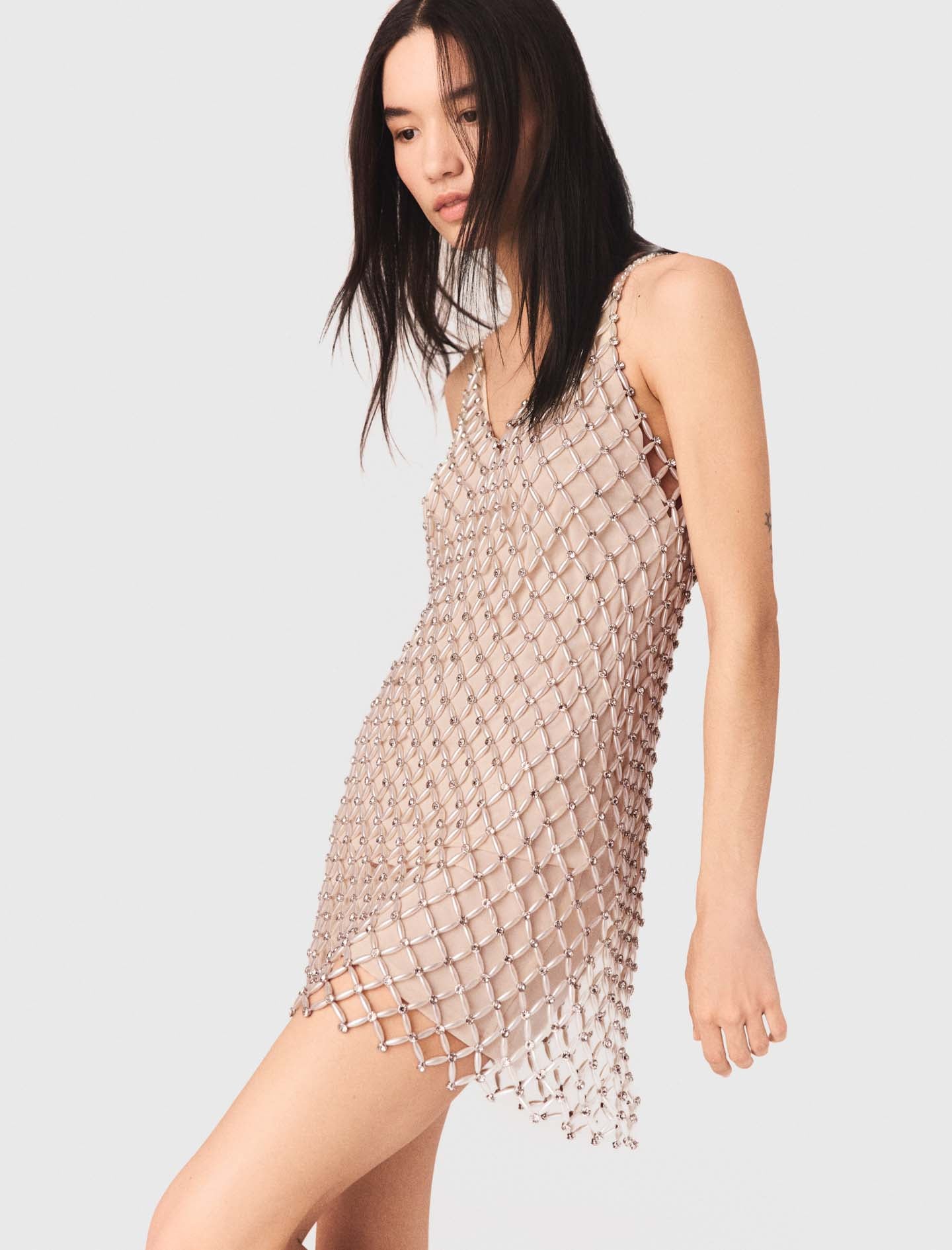 Short Beaded Dress With Lining Ecru
