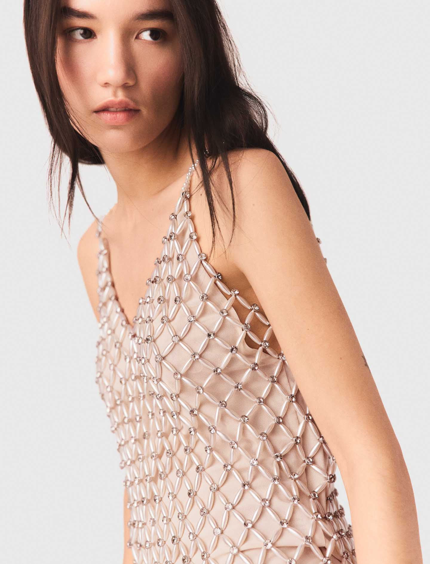 Short Beaded Dress With Lining Ecru