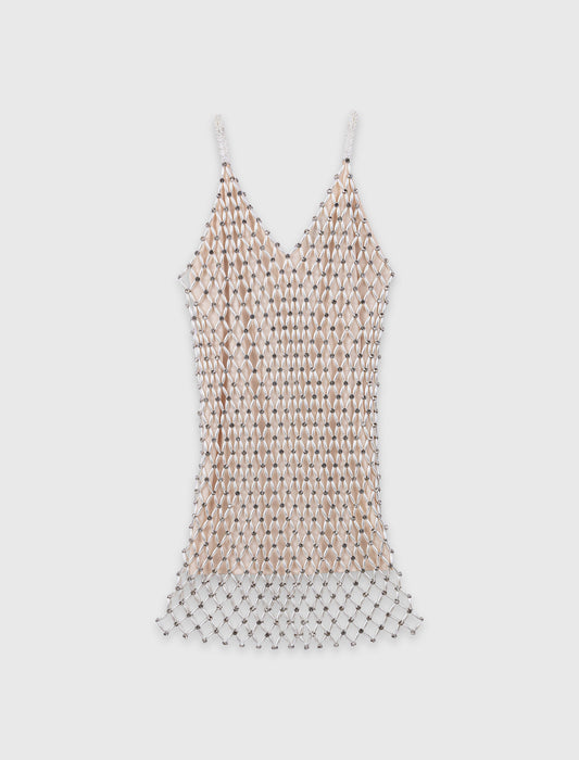 Short Beaded Dress With Lining Ecru