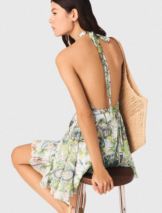 Short patterned backless dress Postcard Print