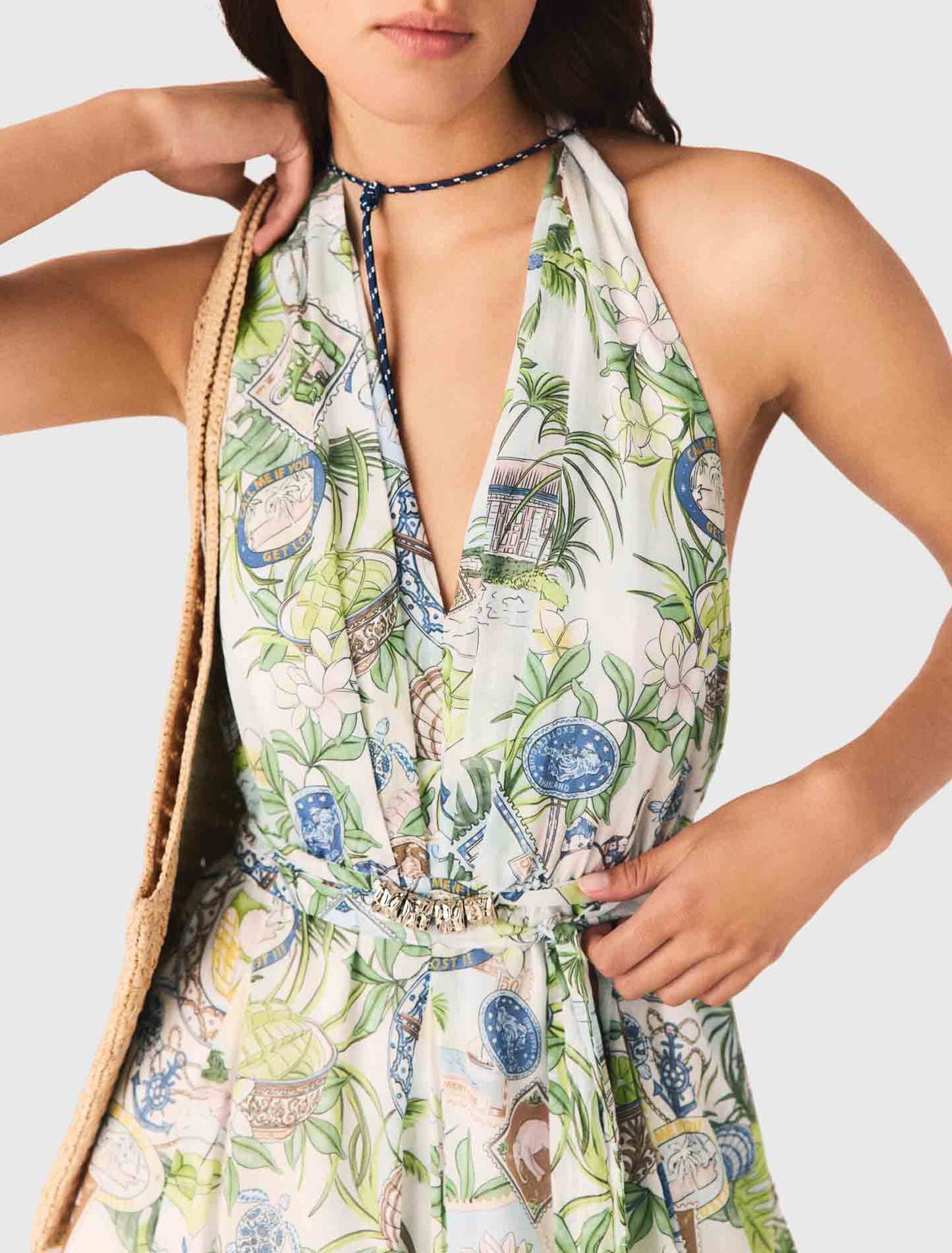 Short patterned backless dress Postcard Print