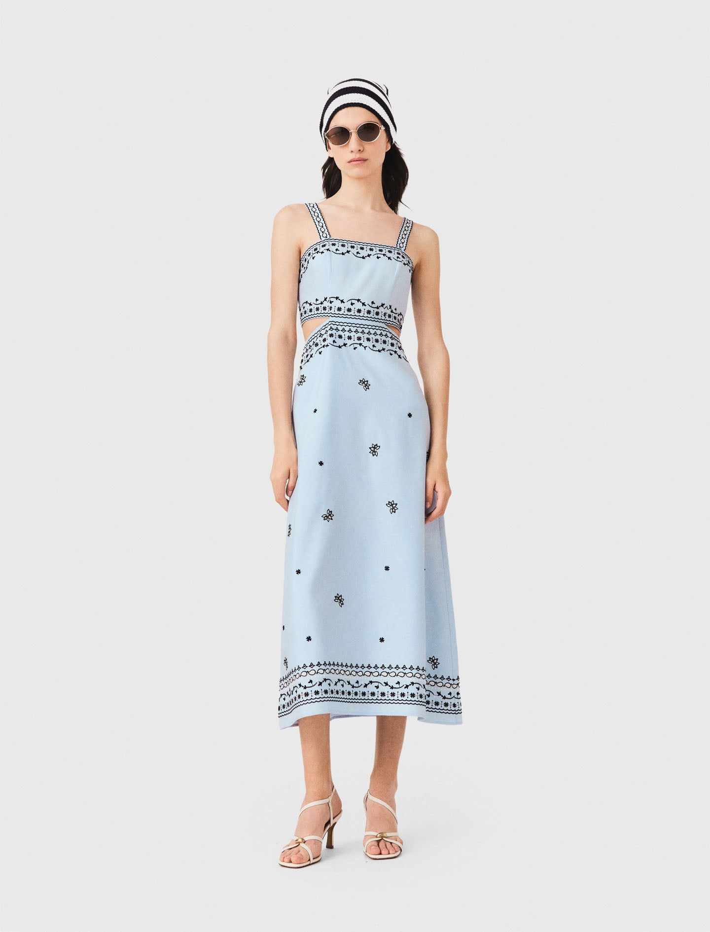 Embroidered linen blend maxi dress Blue Sky
