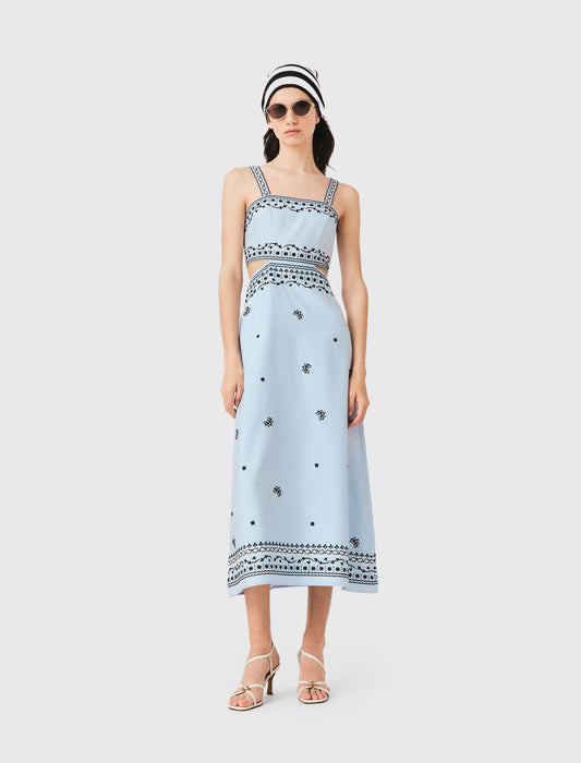 Embroidered linen blend maxi dress Blue Sky