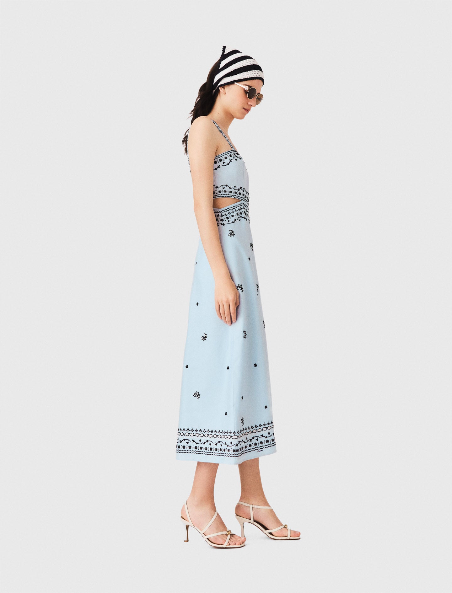 Embroidered linen blend maxi dress Blue Sky