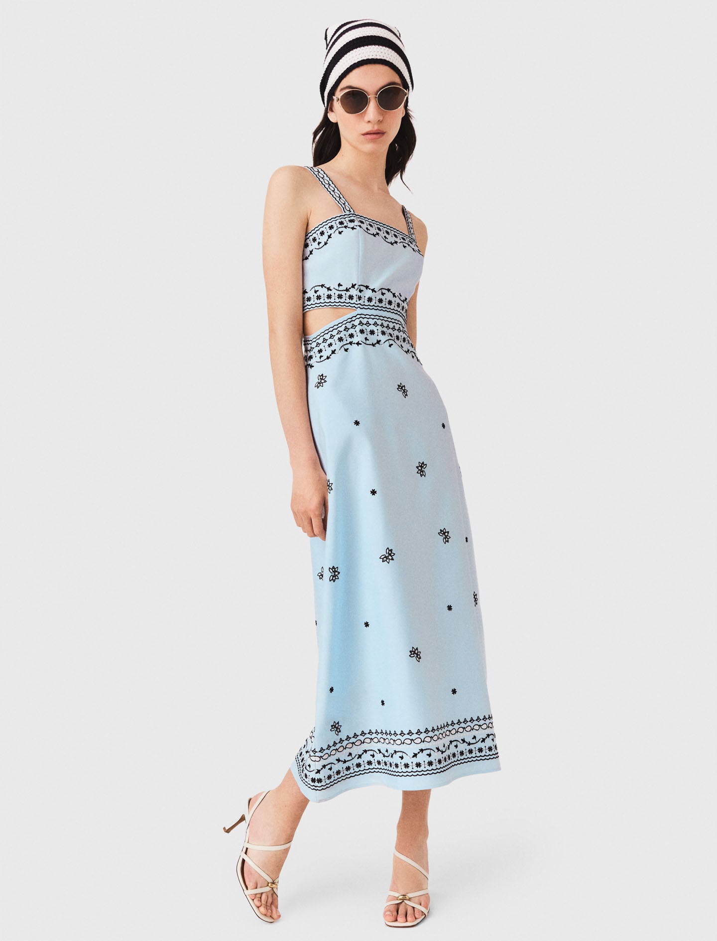 Embroidered linen blend maxi dress Blue Sky