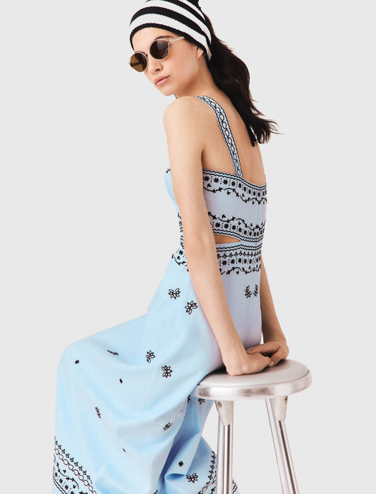 Embroidered linen blend maxi dress Blue Sky