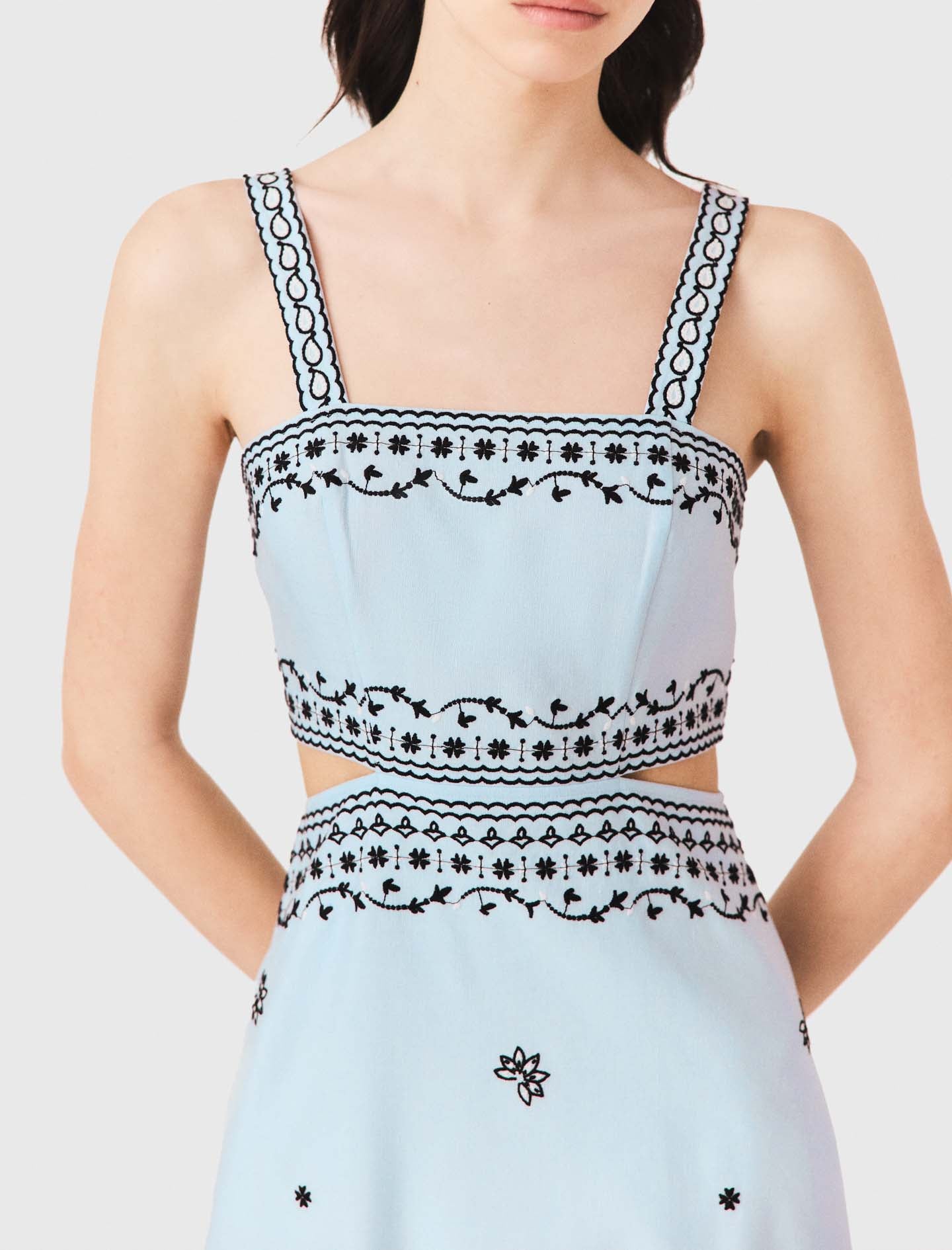 Embroidered linen blend maxi dress Blue Sky