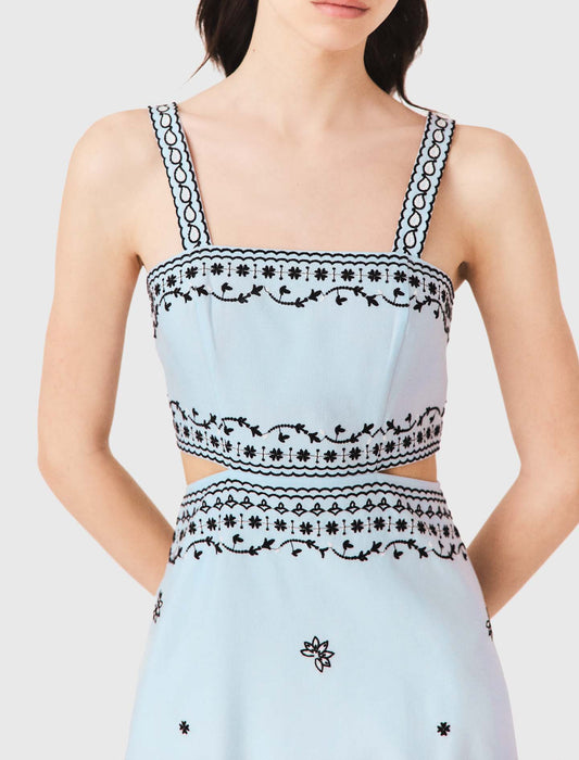 Embroidered linen blend maxi dress Blue Sky