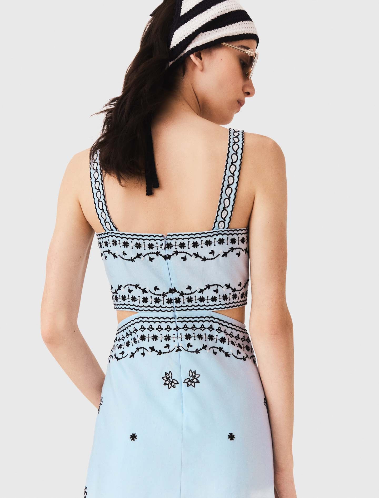 Embroidered linen blend maxi dress Blue Sky