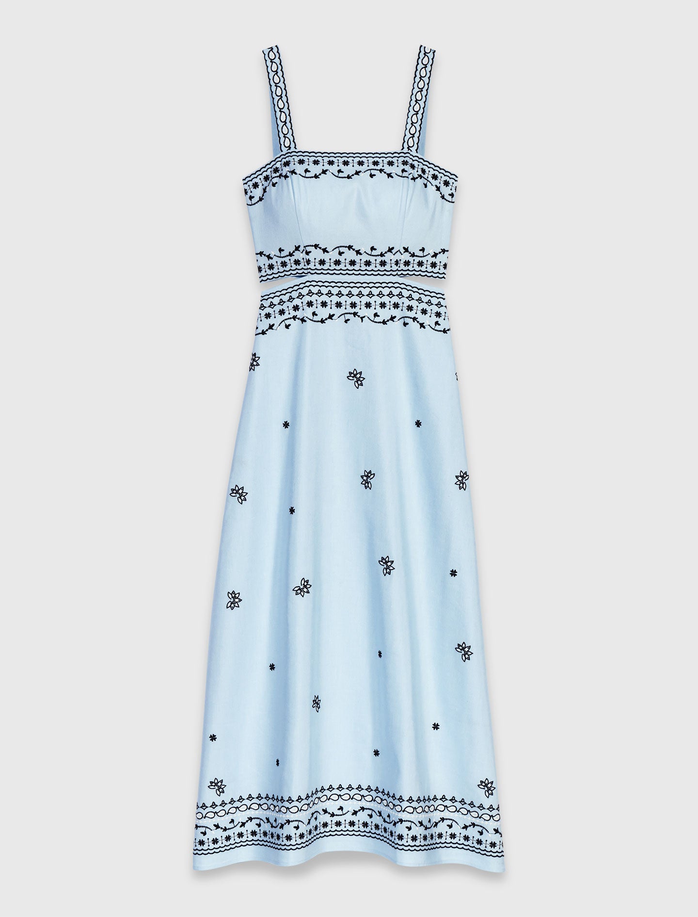 Embroidered linen blend maxi dress Blue Sky