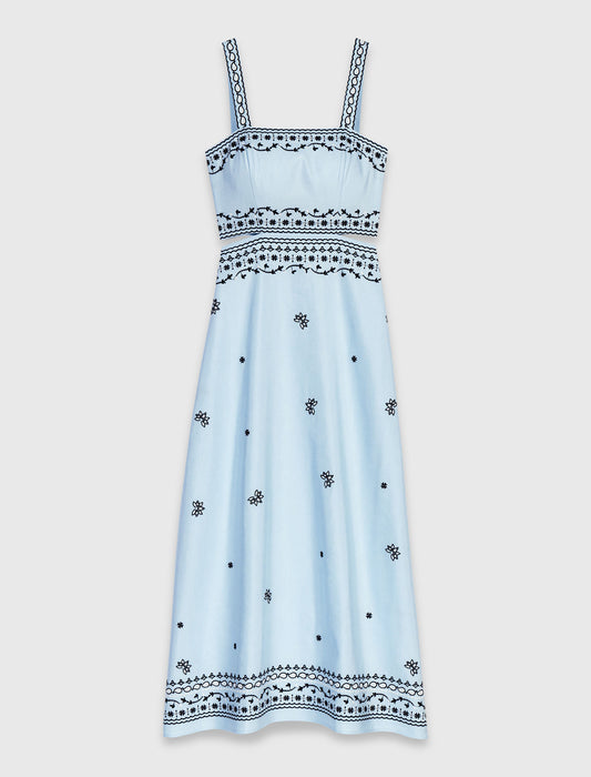Embroidered linen blend maxi dress Blue Sky