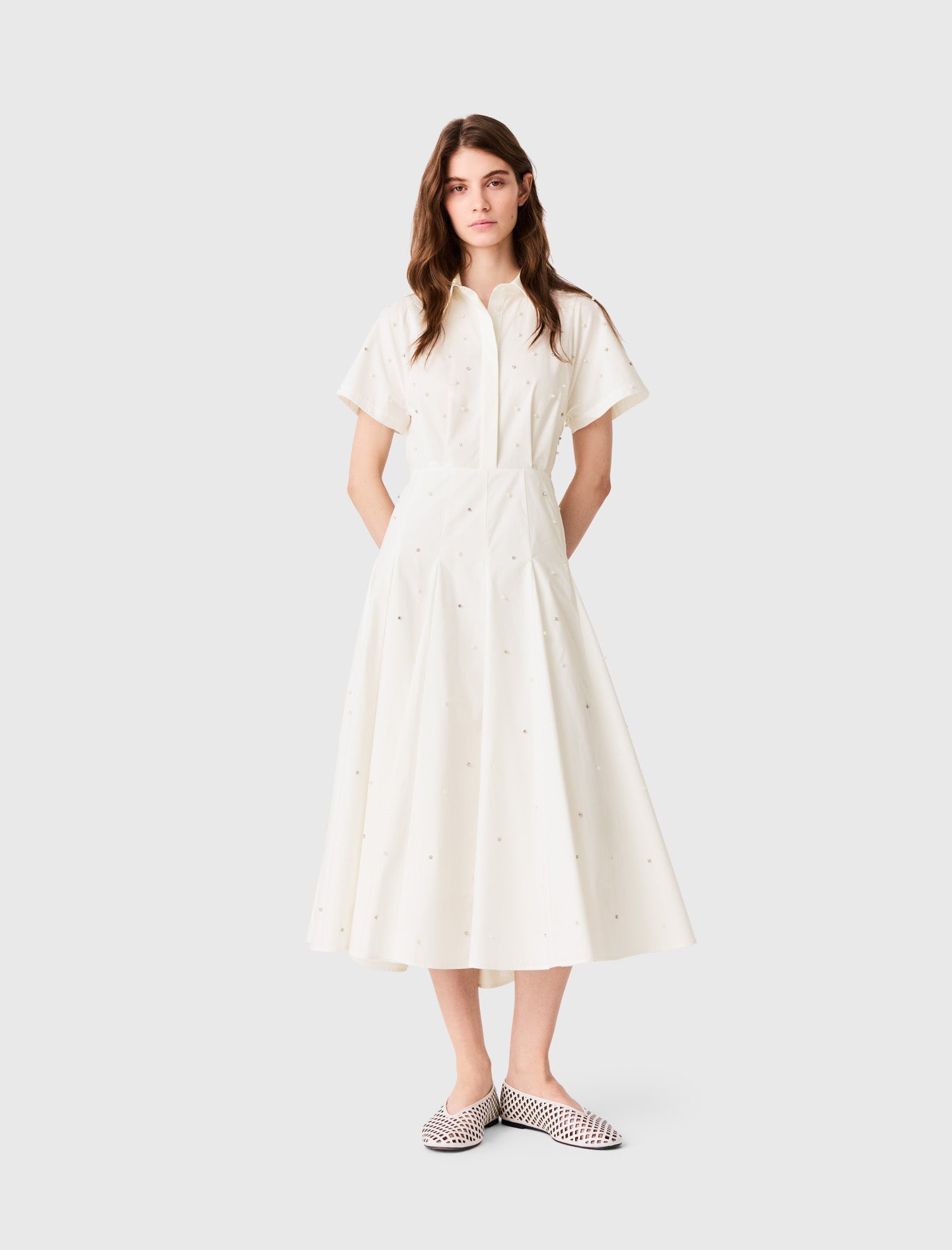 Beaded and rhinestone shirt dress White