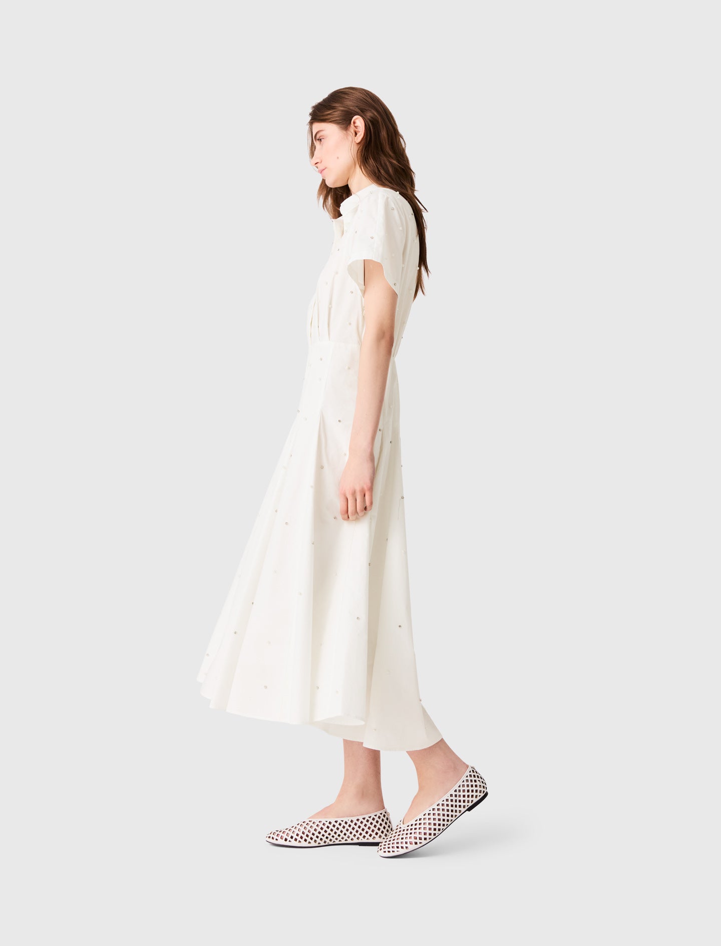 Beaded and rhinestone shirt dress White