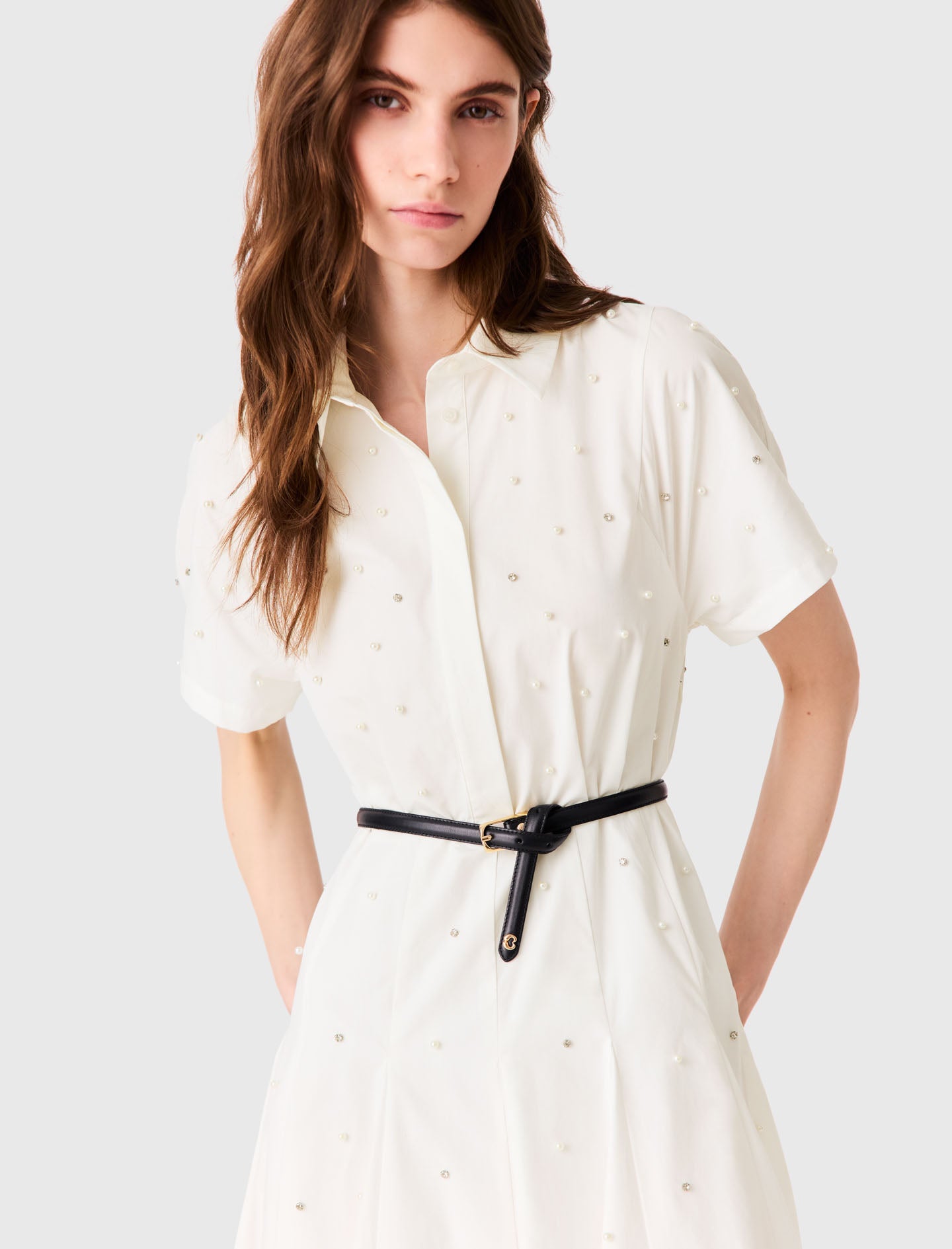 Beaded and rhinestone shirt dress White