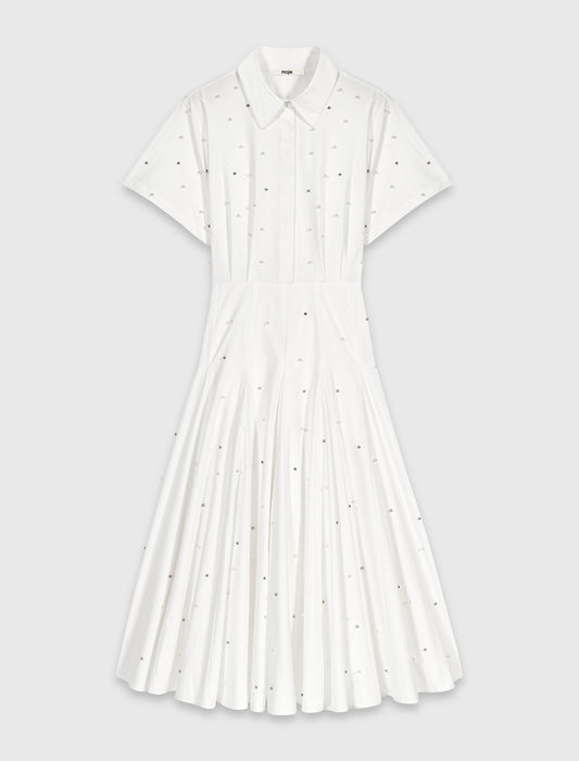 Beaded and rhinestone shirt dress White