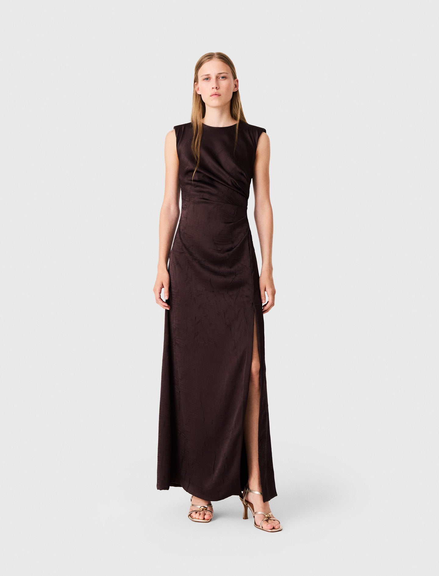 Satin-effect draped maxi dress Brown