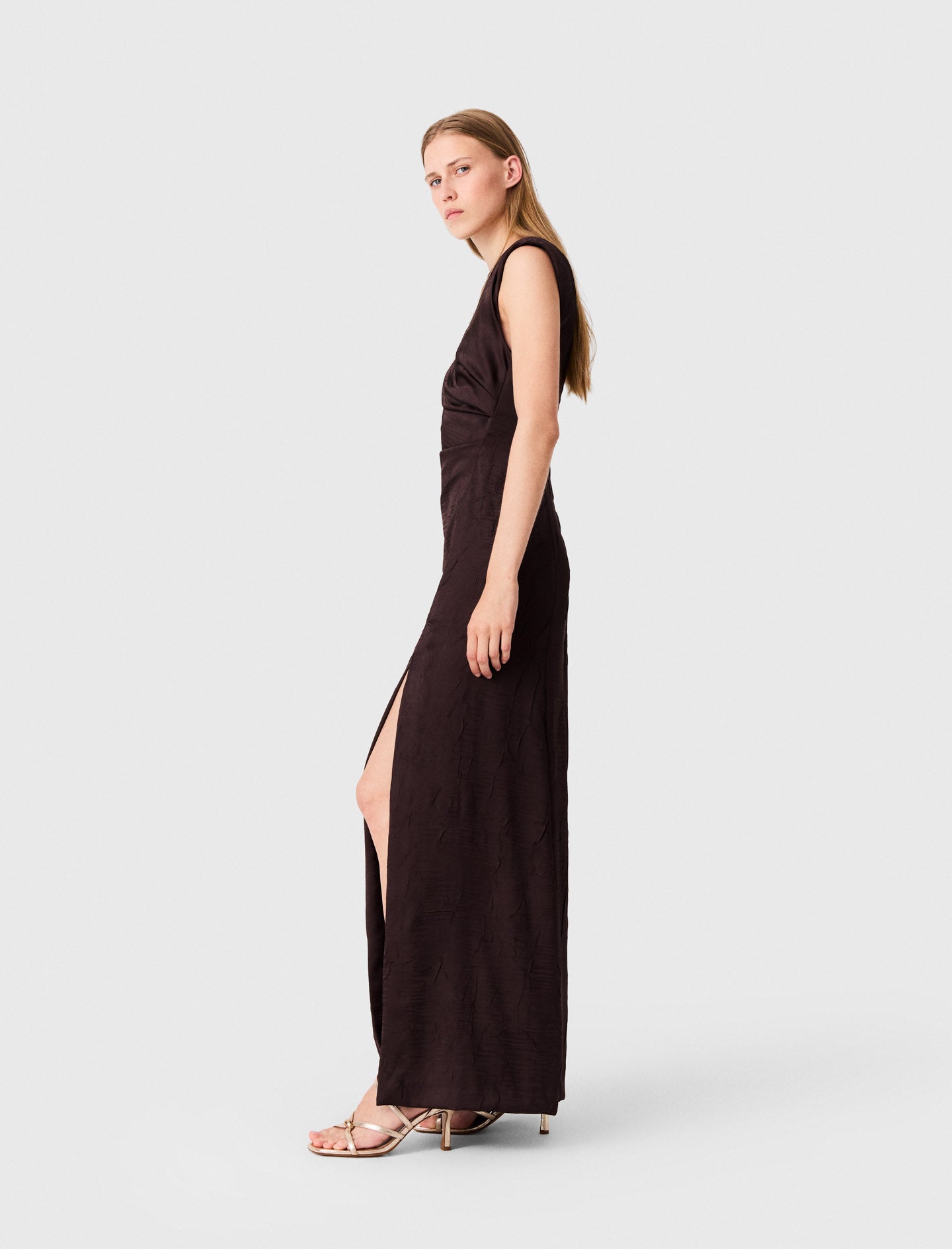 Satin-effect draped maxi dress Brown