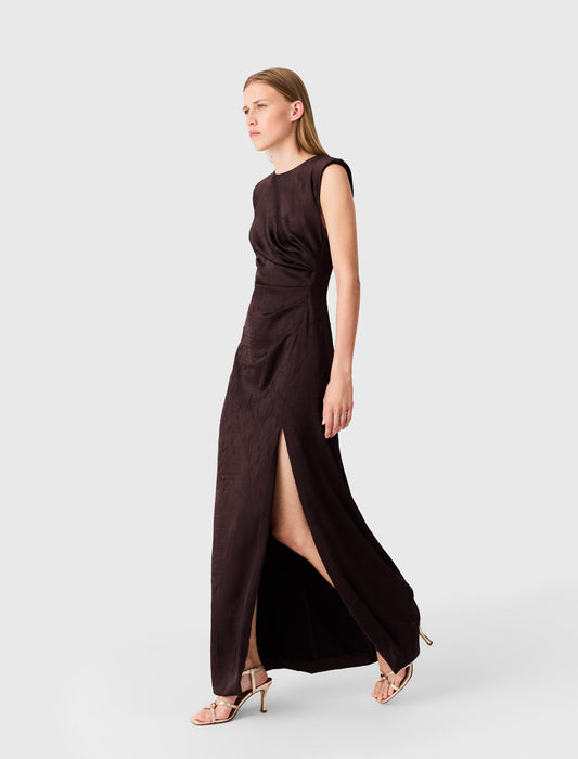 Satin-effect draped maxi dress Brown