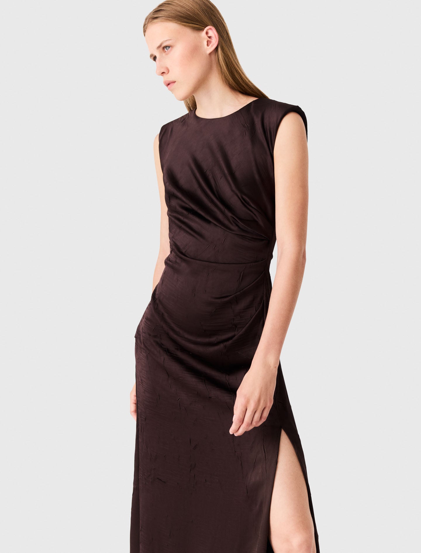 Satin-effect draped maxi dress Brown