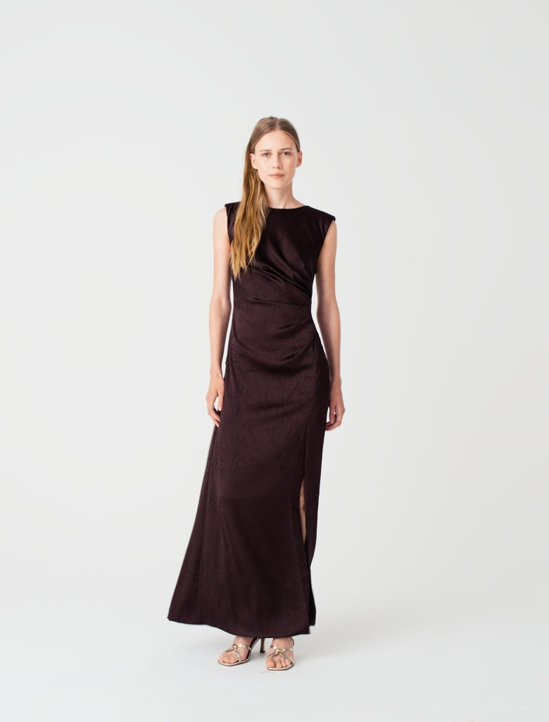 Satin-effect draped maxi dress Brown
